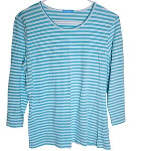 J.McLaughlin Womens Large Turquoise White Striped 3/4 Sleeve Scoop Neck Top